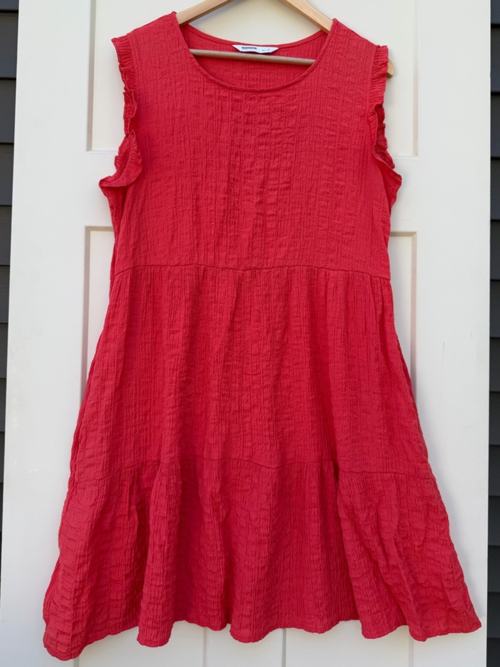 Women’s Large Coral/Red Sleeveless Summer Ruffle-Trim Tiered Dress w/ Pockets